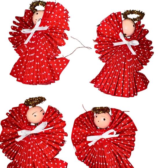Vintage Red Polka Dot Angel Ornaments – Set of 8 Handmade Angels - Picture 7 of 9